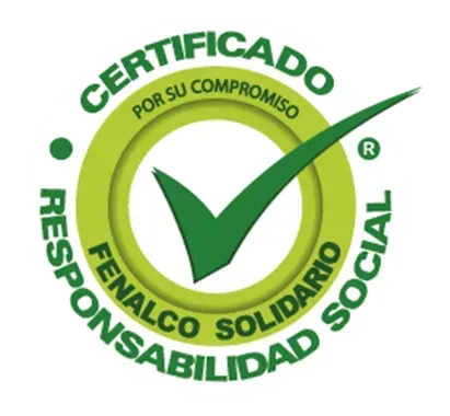 Logotipo para la Certificación de Solidaridad Social de FENALCO. Diseño circular verde con una marca de verificación y texto en español que enfatiza la responsabilidad social.