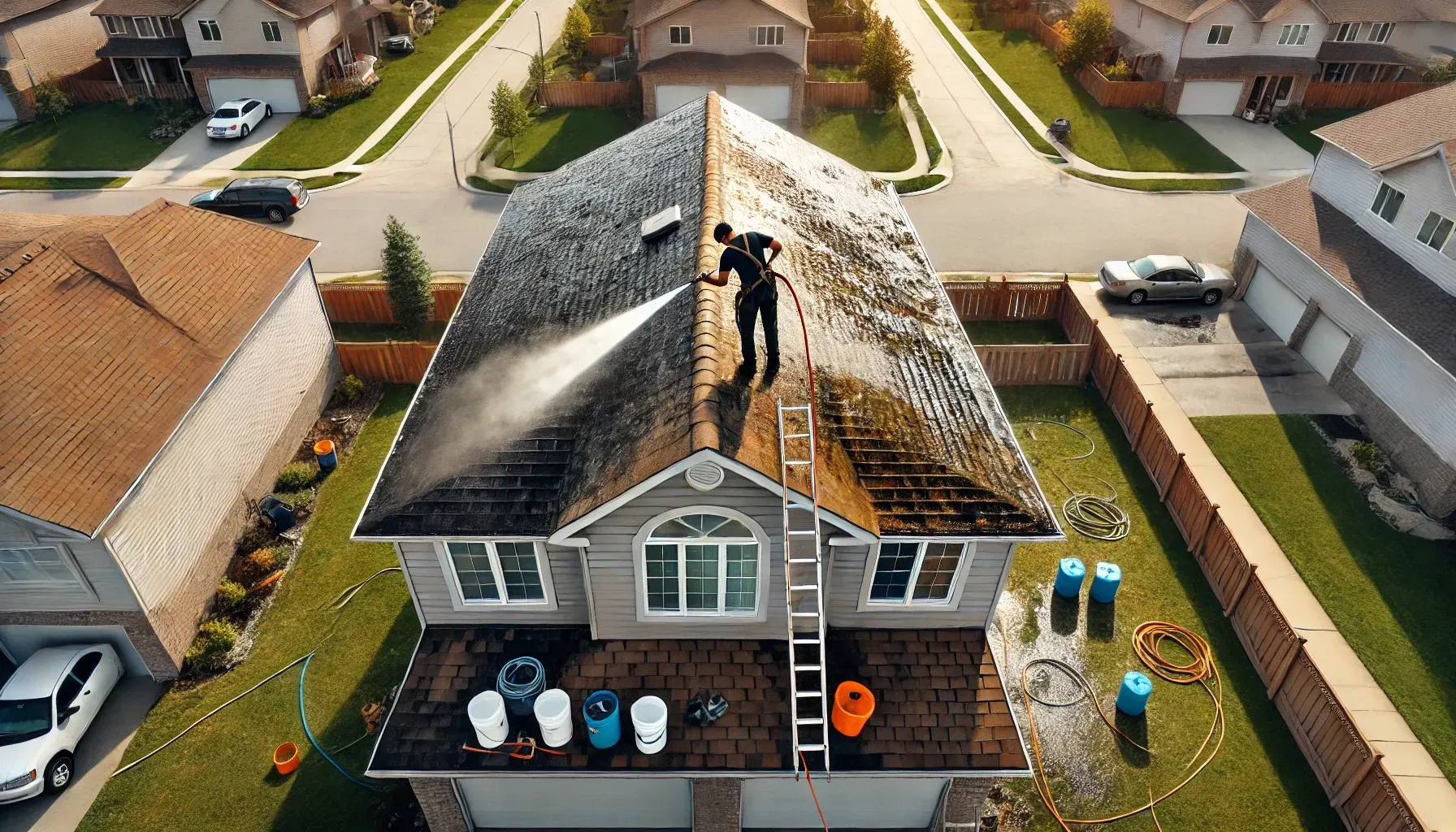 A man is cleaning a brick patio with a high pressure washer.