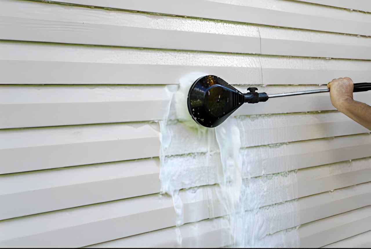 A person wearing pink gloves is cleaning a window with a green cloth.