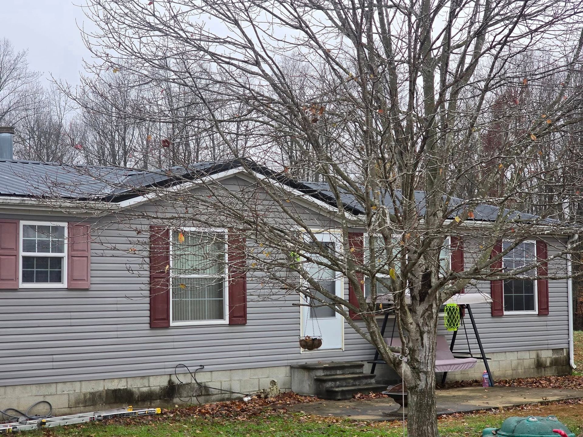 A one-story gray house with red shutters and a metal roof, partially obscured by a leafless tree in the front yard.