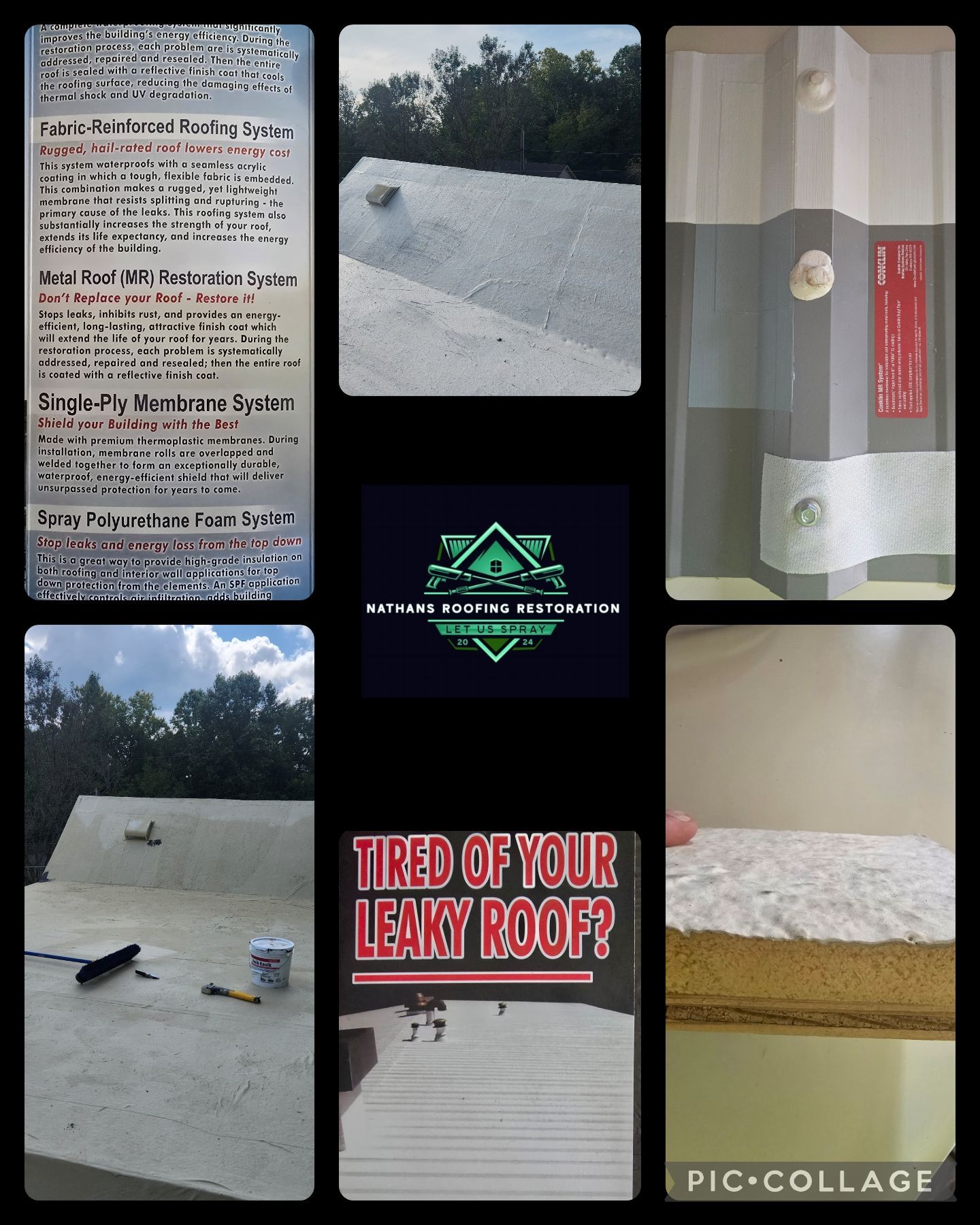A collage showing roofing services: metal and spray foam roofs, a logo, and a 