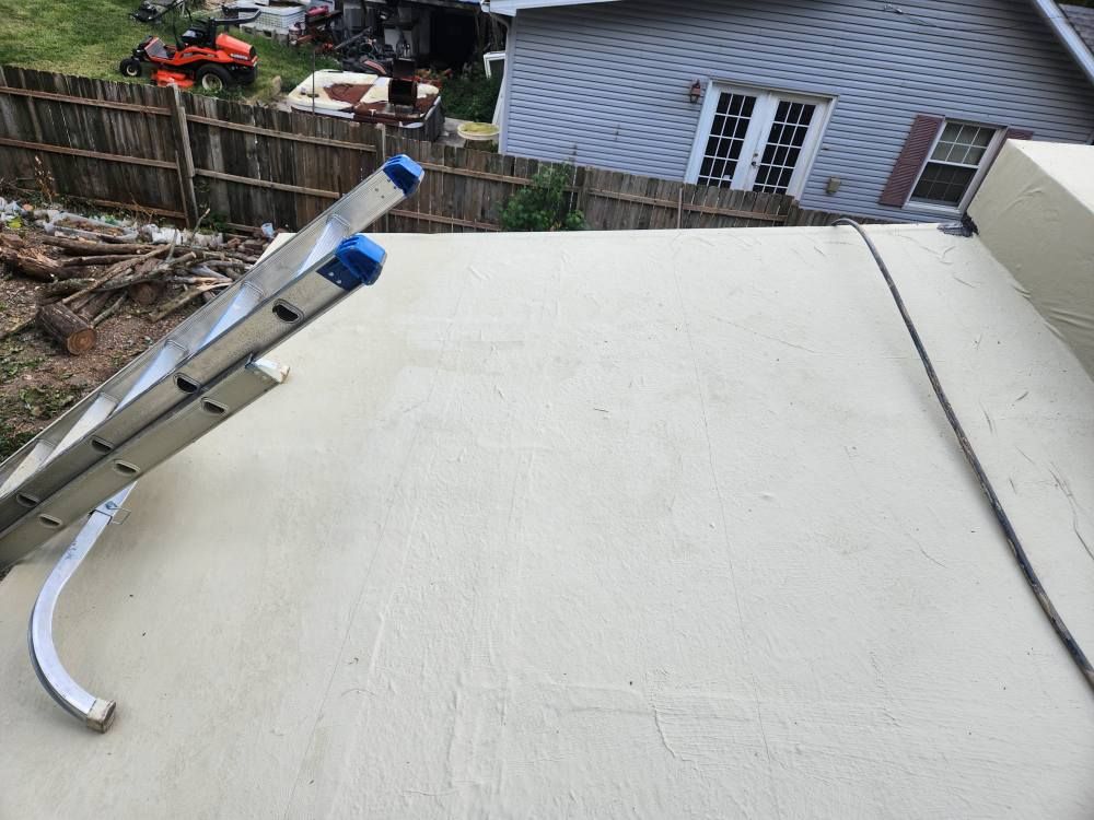 A silver aluminum ladder rests on a flat, light-colored roof with a fence, lawn, and house in the background.