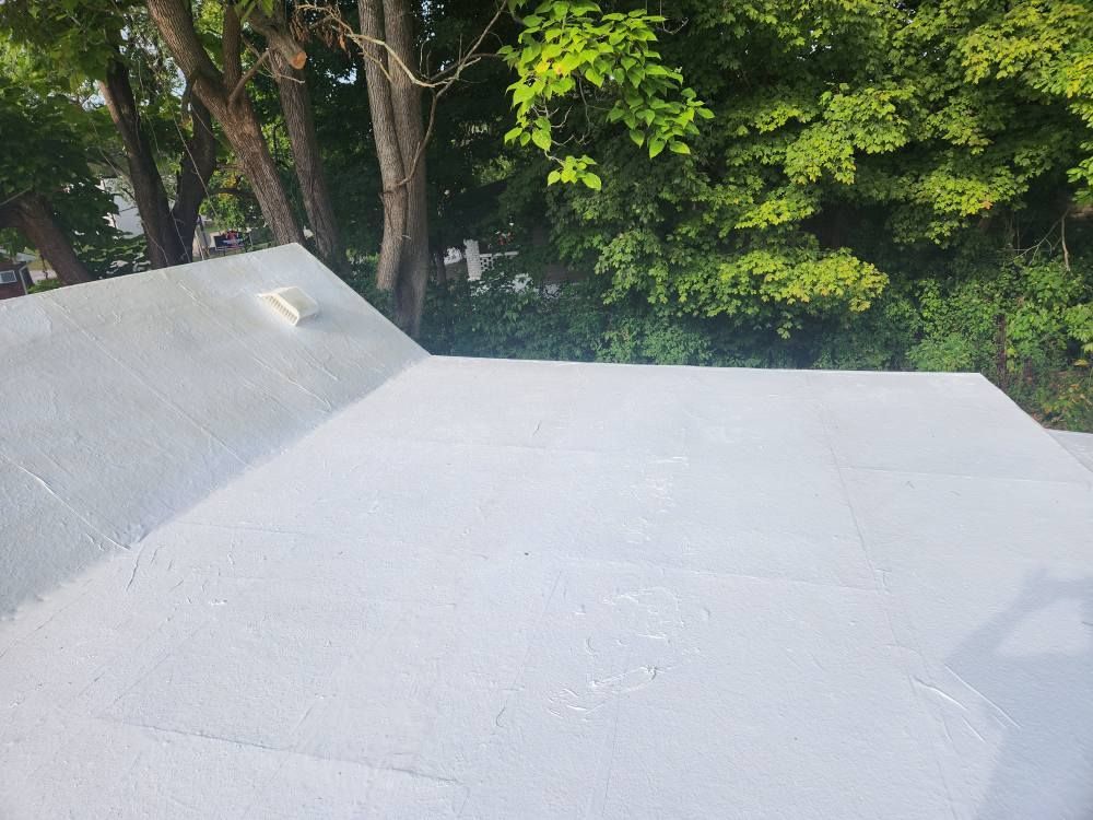 A flat, light gray roof surface with a sloped section and a small vent, bordered by trees in the background.