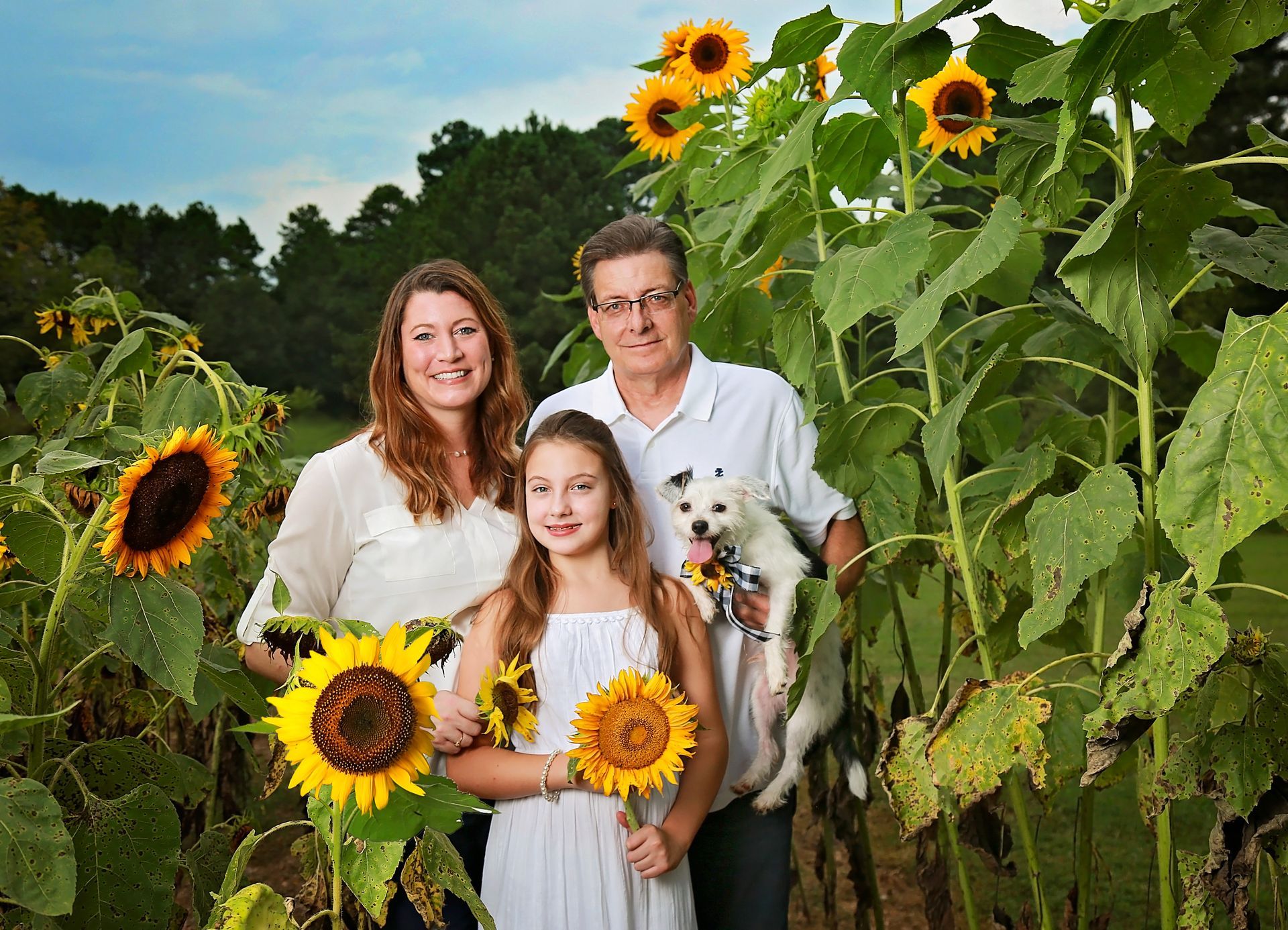 A family is posing for a picture in a field of sunflowers.