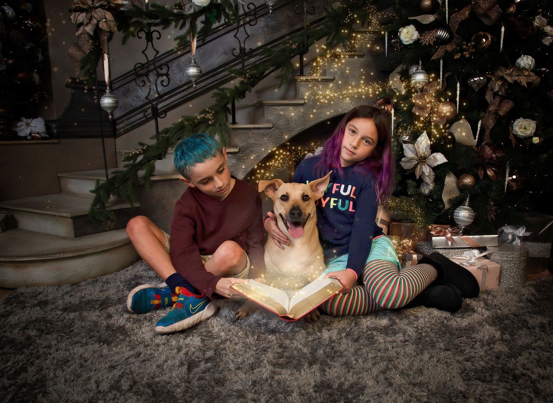 A boy and a girl are sitting on the floor with a dog and reading a book.