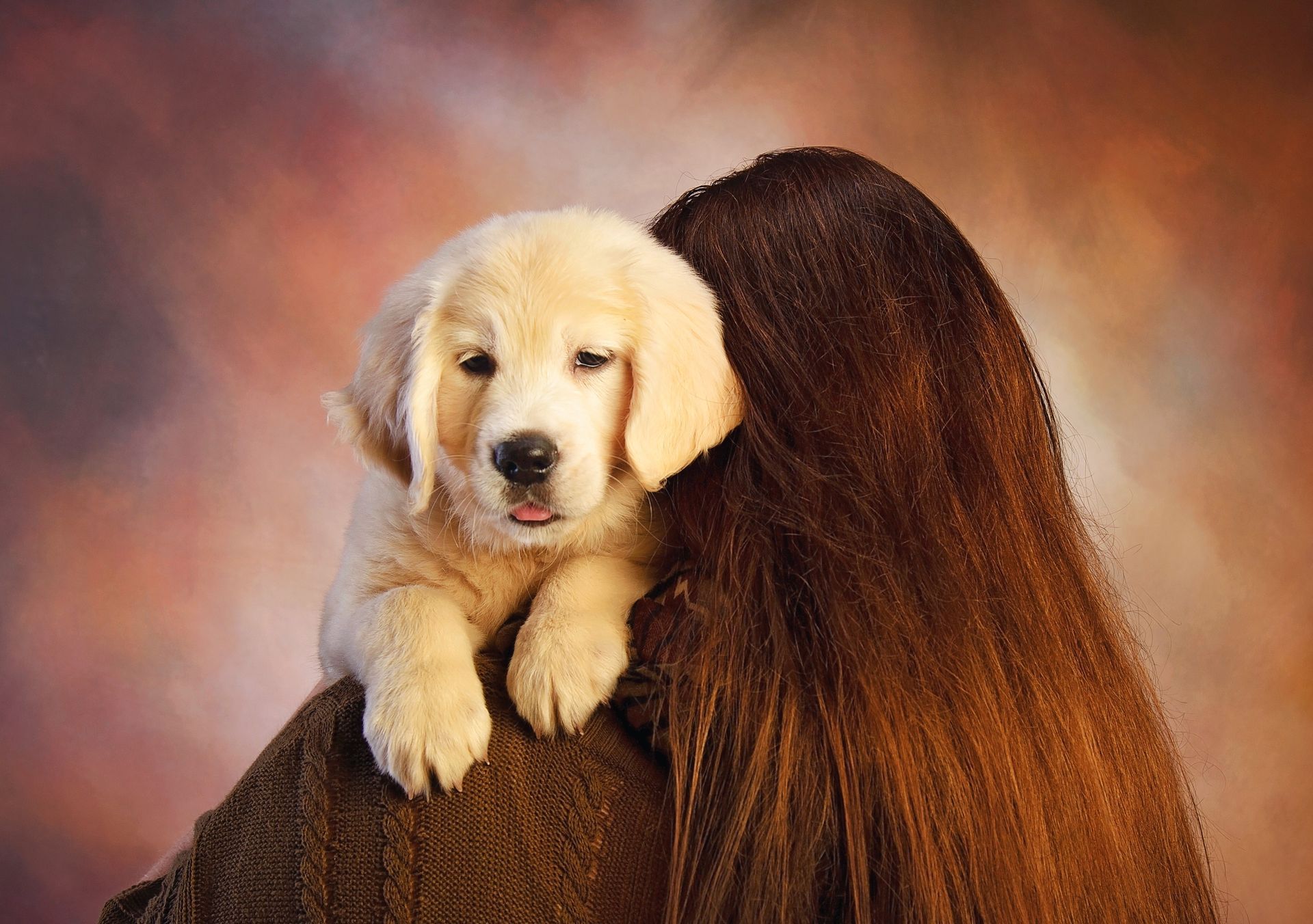 A woman is holding a puppy on her shoulder.