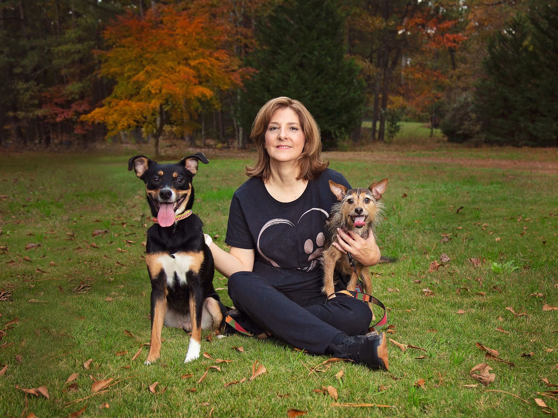 A woman is sitting on the grass with two dogs.