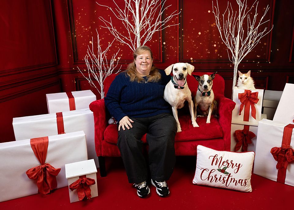 A woman is sitting on a red couch surrounded by wrapped Christmas boxes with two dogs and a cat.