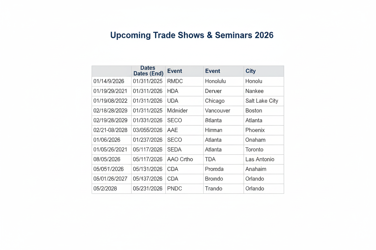 Table listing upcoming trade shows and seminars in 2026, with event, date, and city.