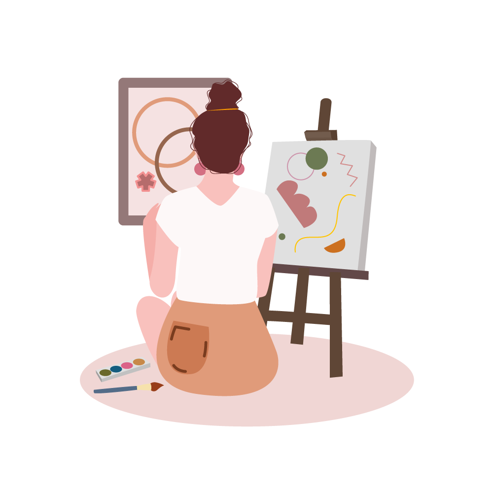 artista nel suo studio davanti a un quadro e una stampa