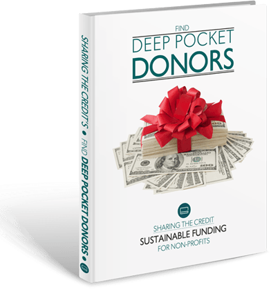 A book titled find deep pocket donors shows a stack of money with a red bow on it