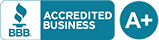 A blue and white sign that says accredited business a+