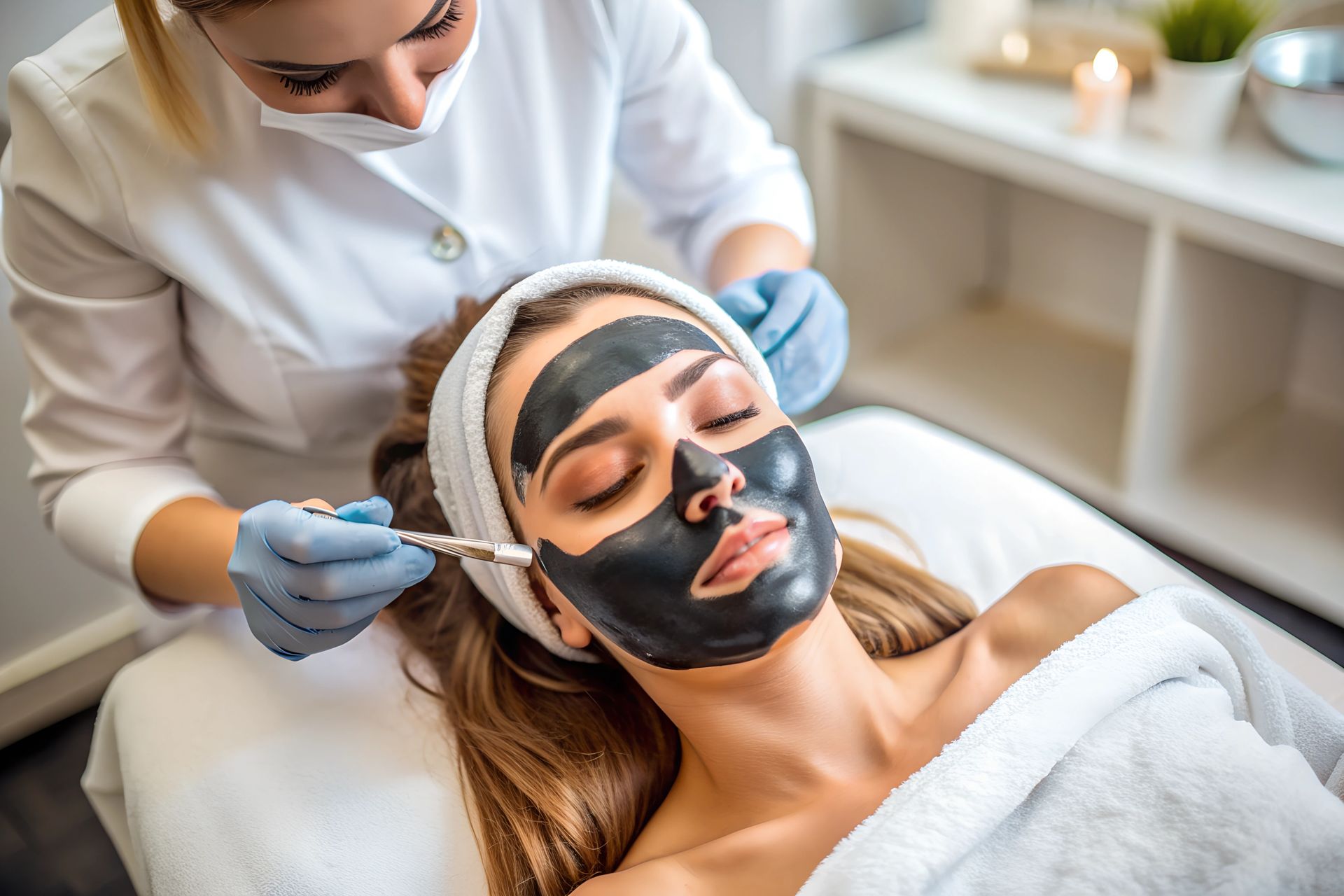 A woman is getting a black mask on her face at a spa.