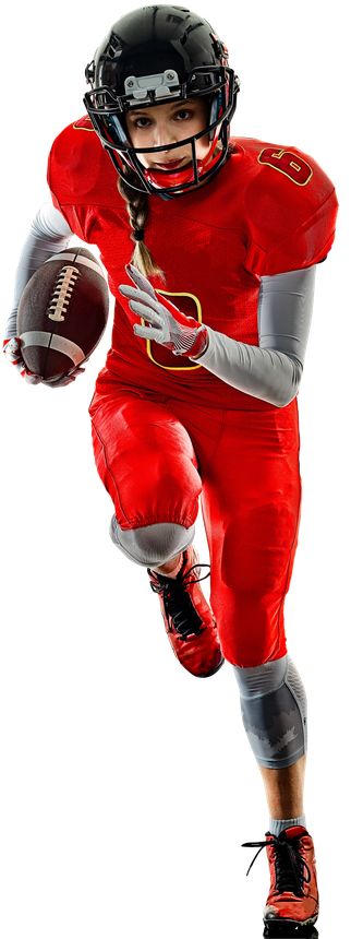A football player in red uniform running with the ball, wearing a helmet.