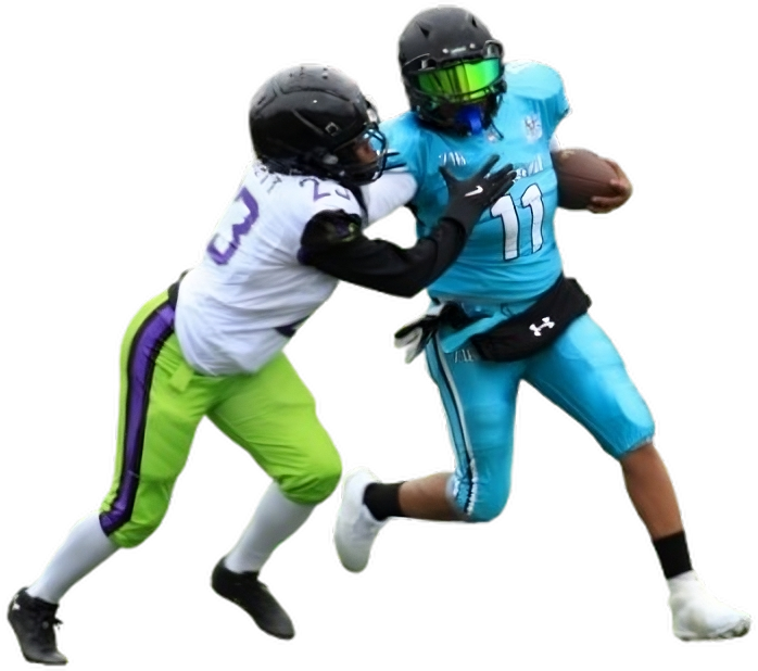 Two female football players in action, one catching the ball, the other reaching.