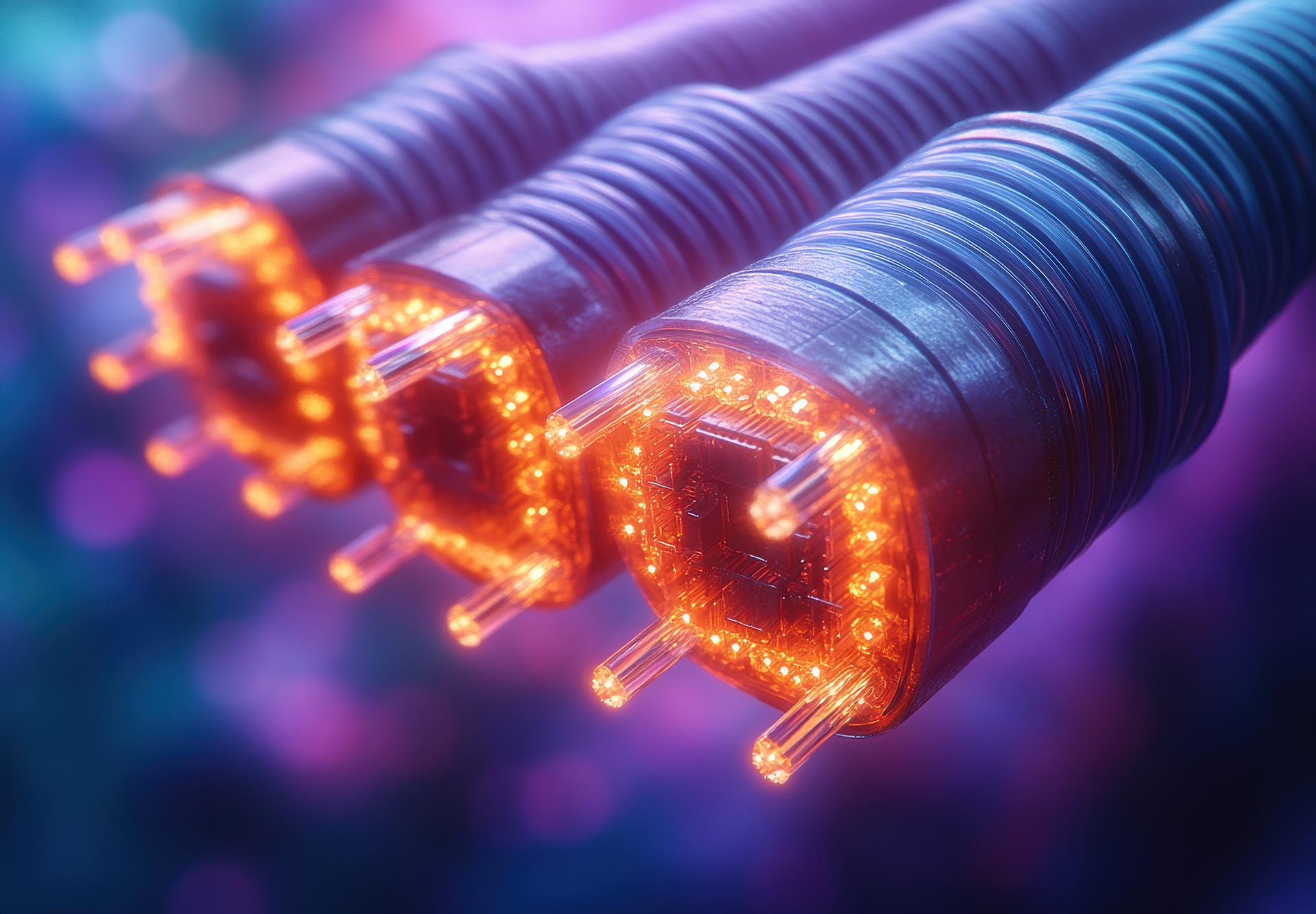 Close-up of glowing, orange-lit fiber optic cables, radiating light.