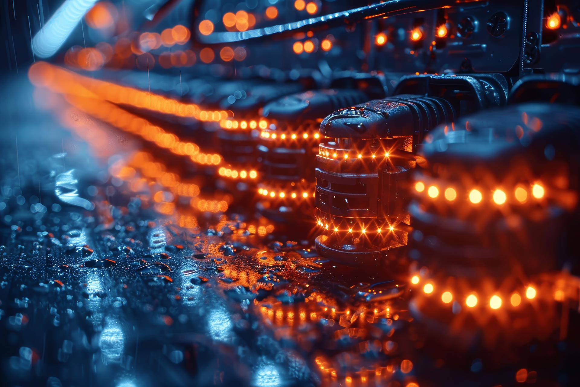 Close-up of a server room with glowing orange lights against a dark blue background.