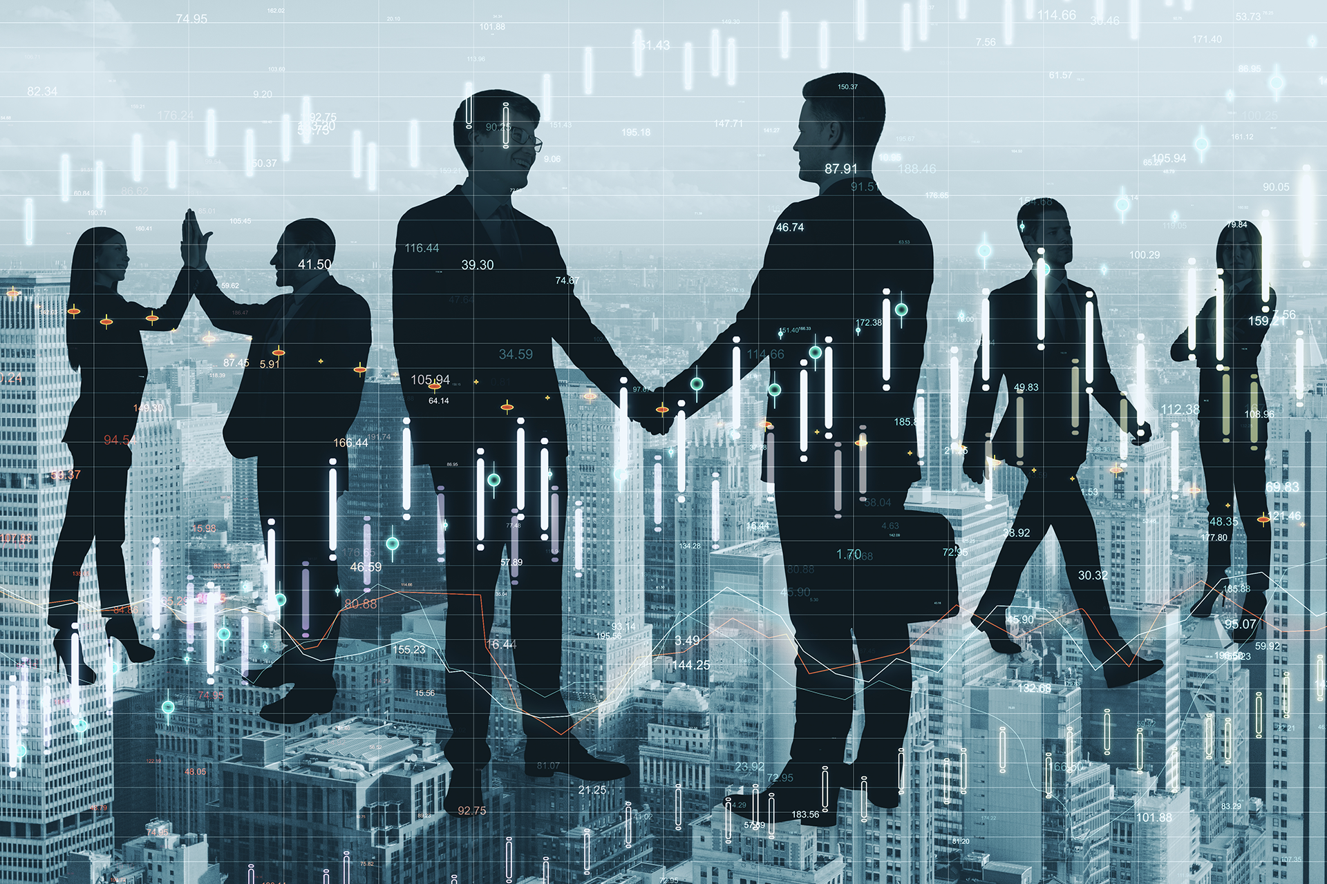 Silhouetted business people shaking hands, high-fiving, and walking over a cityscape overlaid with stock market data.