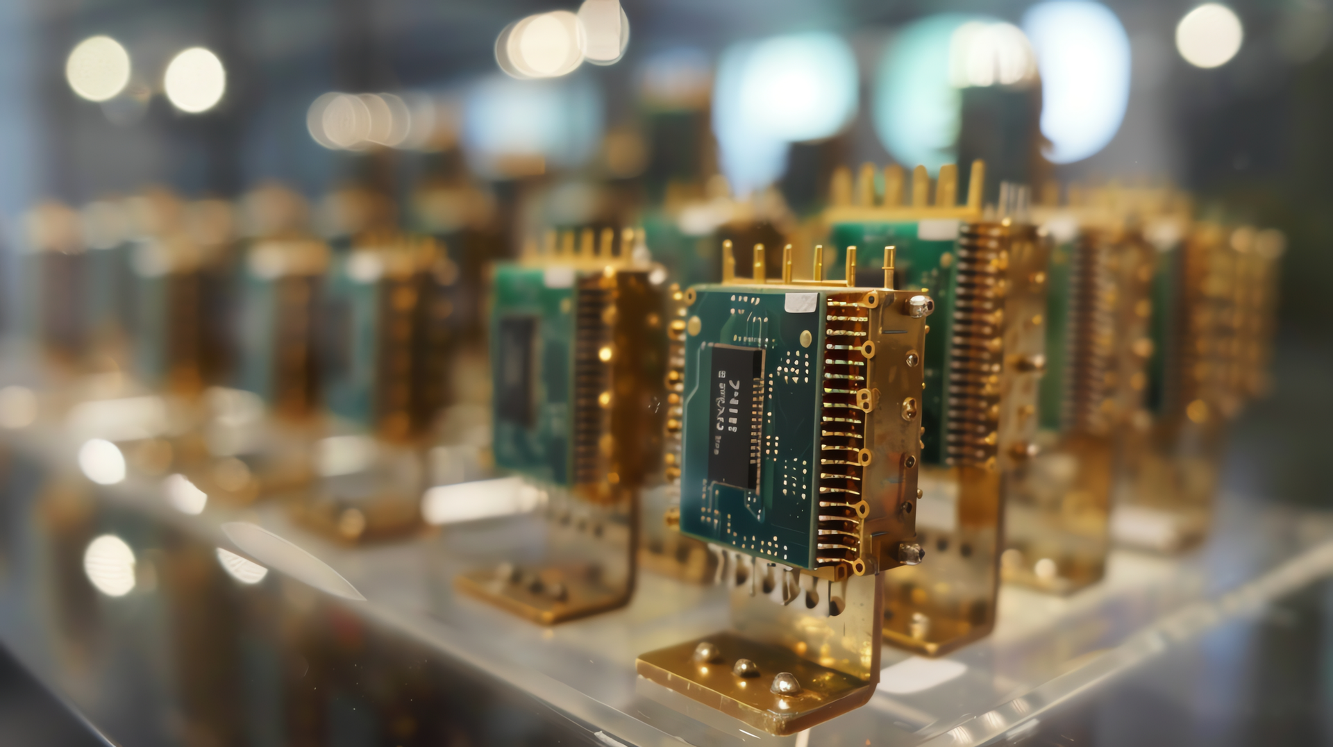 Close-up of multiple circuit boards with gold connectors on display, in a glass case.