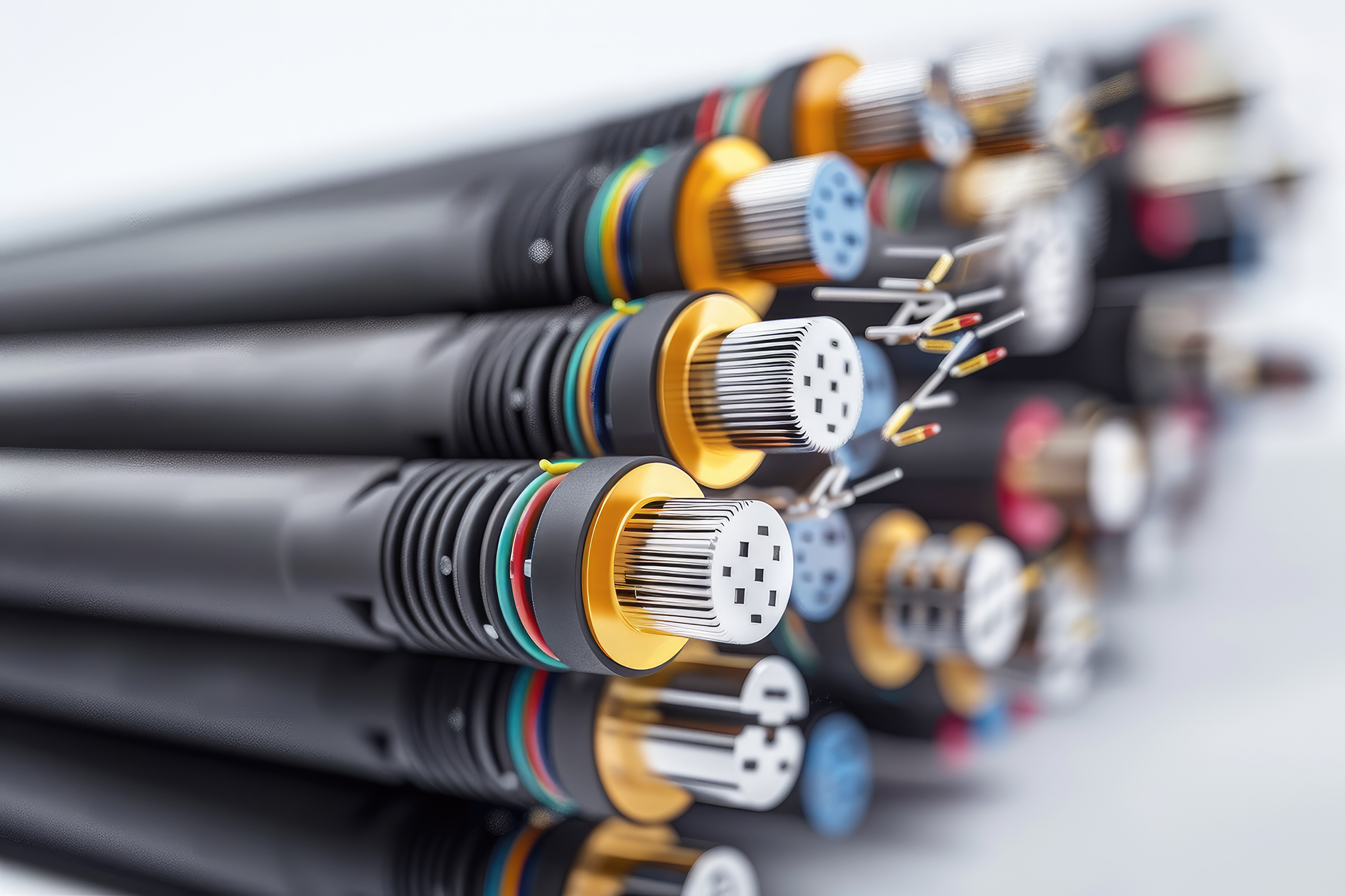 Bundle of cut fiber optic cables showing multicolored internal wires and connectors.