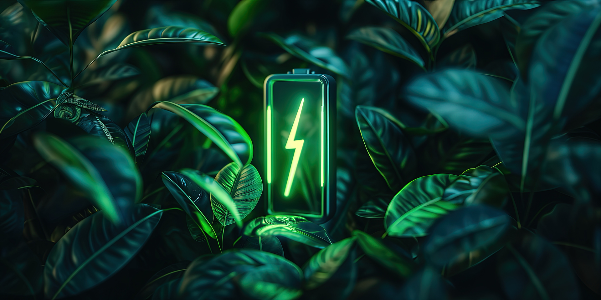 Glowing green battery surrounded by lush green leaves. Lightning bolt symbol in battery.