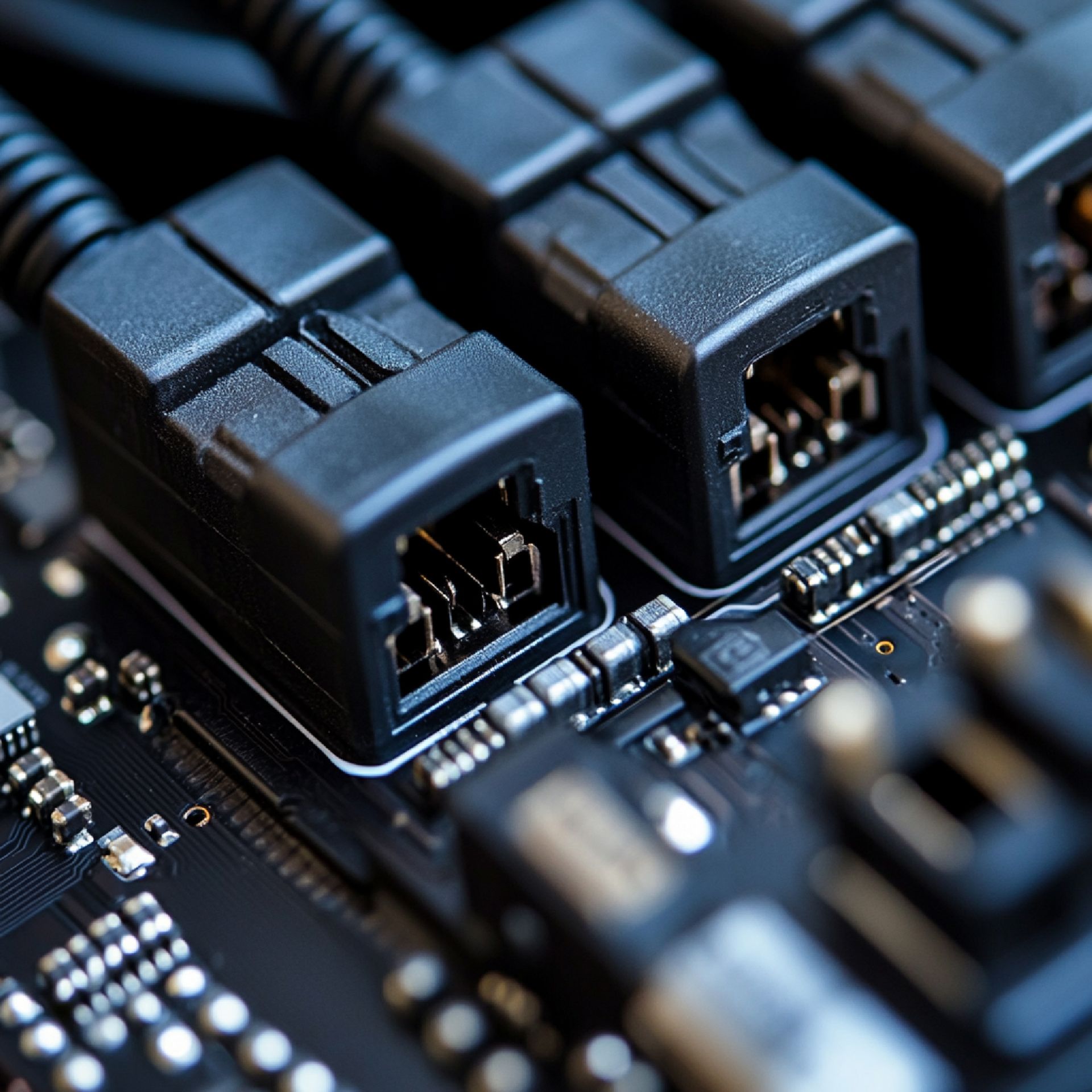Close-up of black connectors plugged into a circuit board, showing metal pins and electrical components.