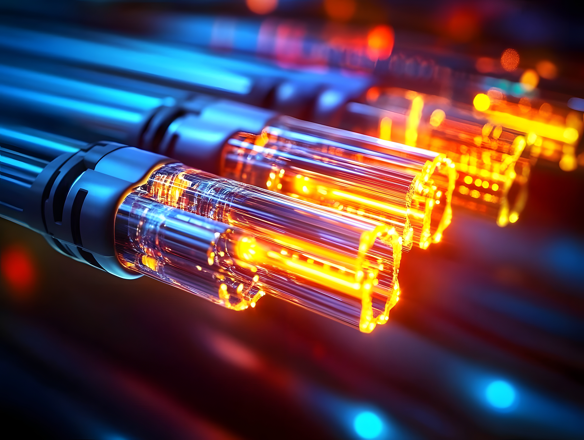 Glowing fiber optic cables carrying data, orange and blue light.