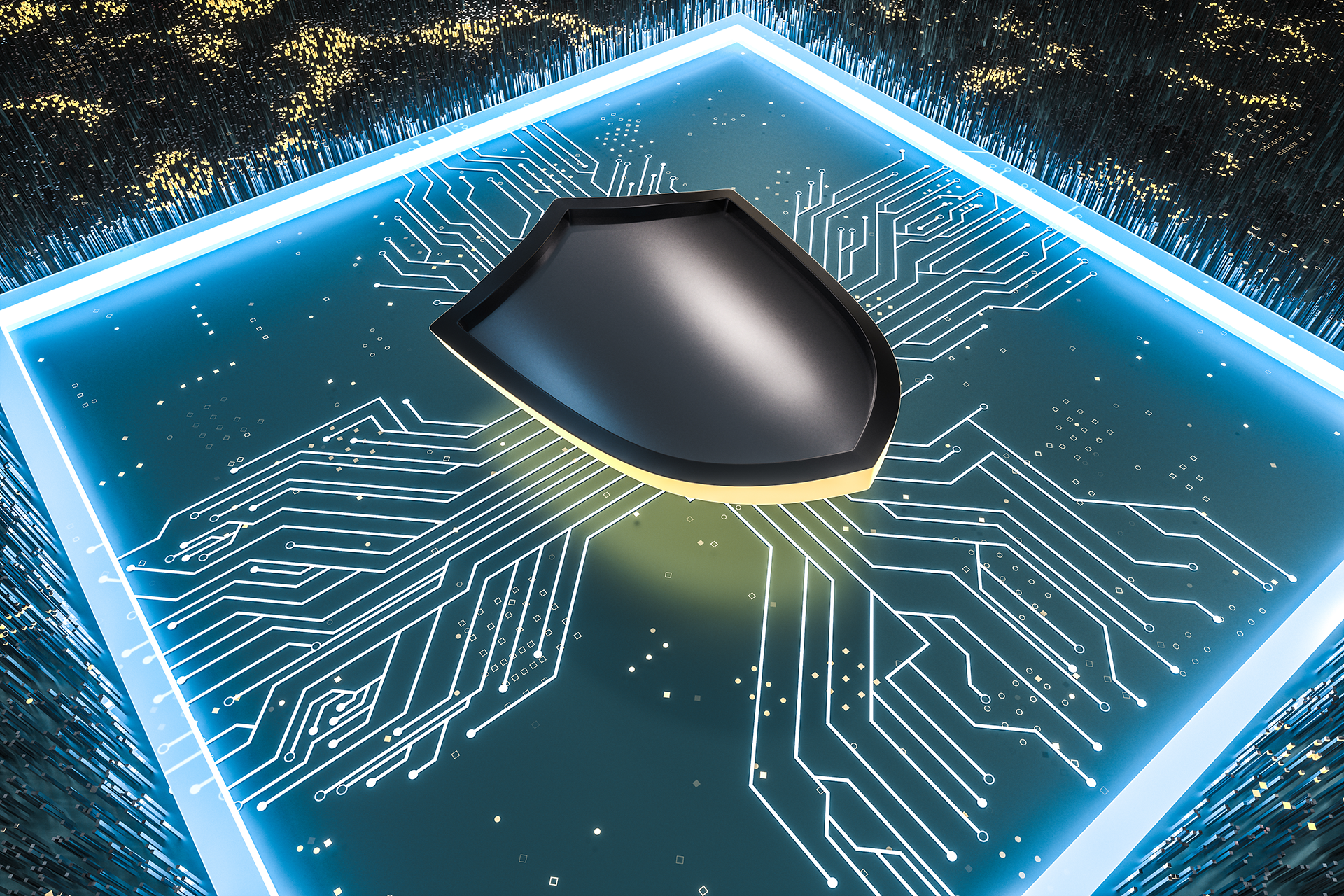 Shield icon over a glowing circuit board, representing cybersecurity.