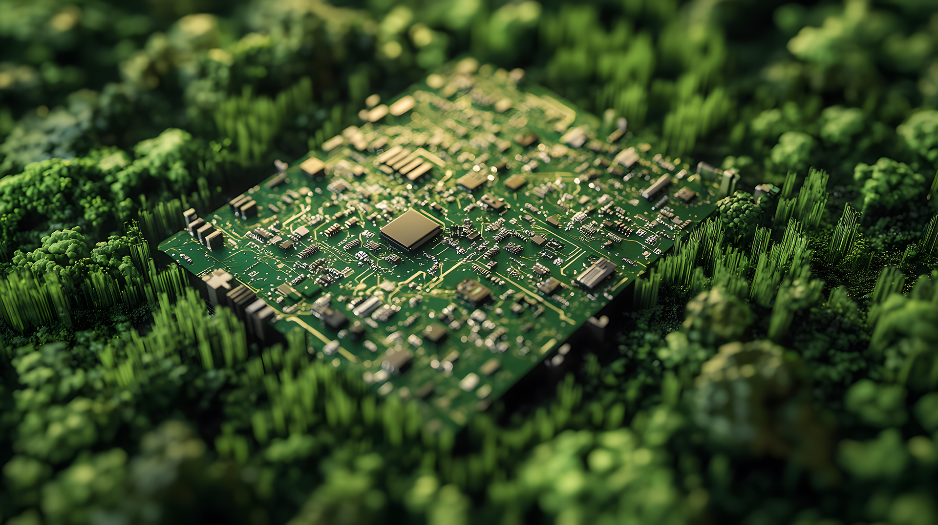 Circuit board nestled among lush green foliage.