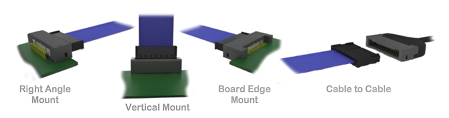Diagram of ribbon cable connectors: high-angle board, vertical board, board edge mount, and cable-to-cable.