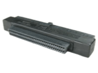 Black electronic connector with multiple pins, possibly for a computer component.