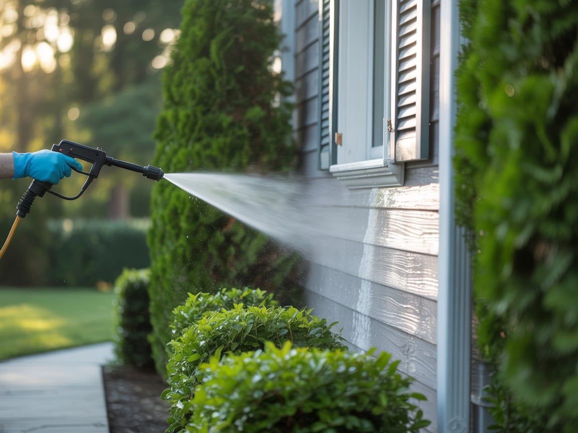 Person power washing a gray house exterior with green shrubs in front.