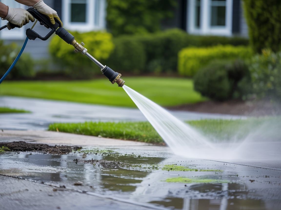 Person pressure washing a concrete sidewalk in front of a house, spraying water.