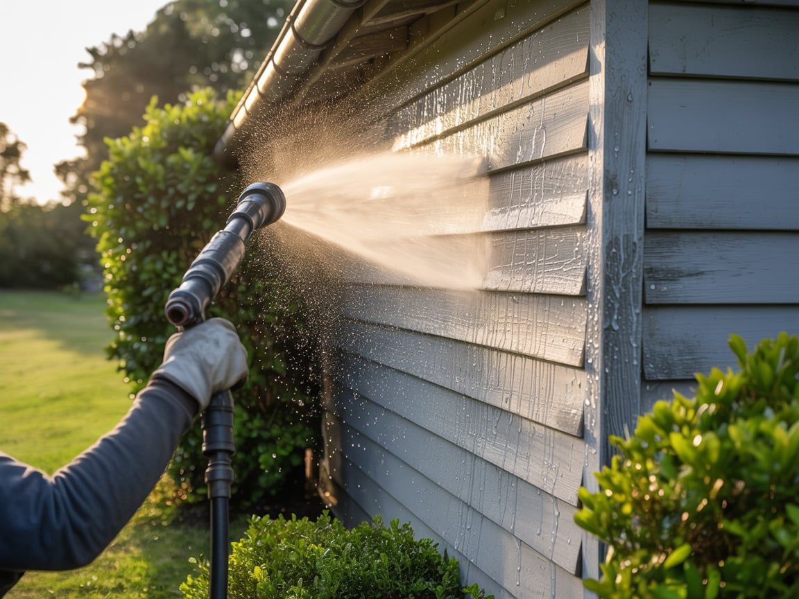 Person power washing a wooden house exterior.