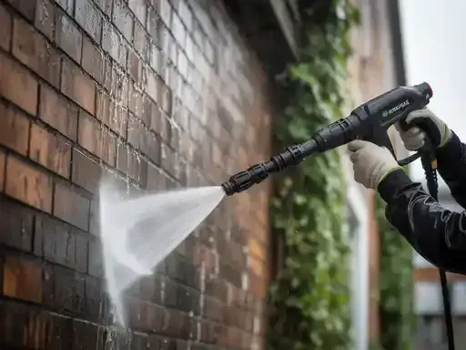 Person using a pressure washer to clean a brick wall outdoors.