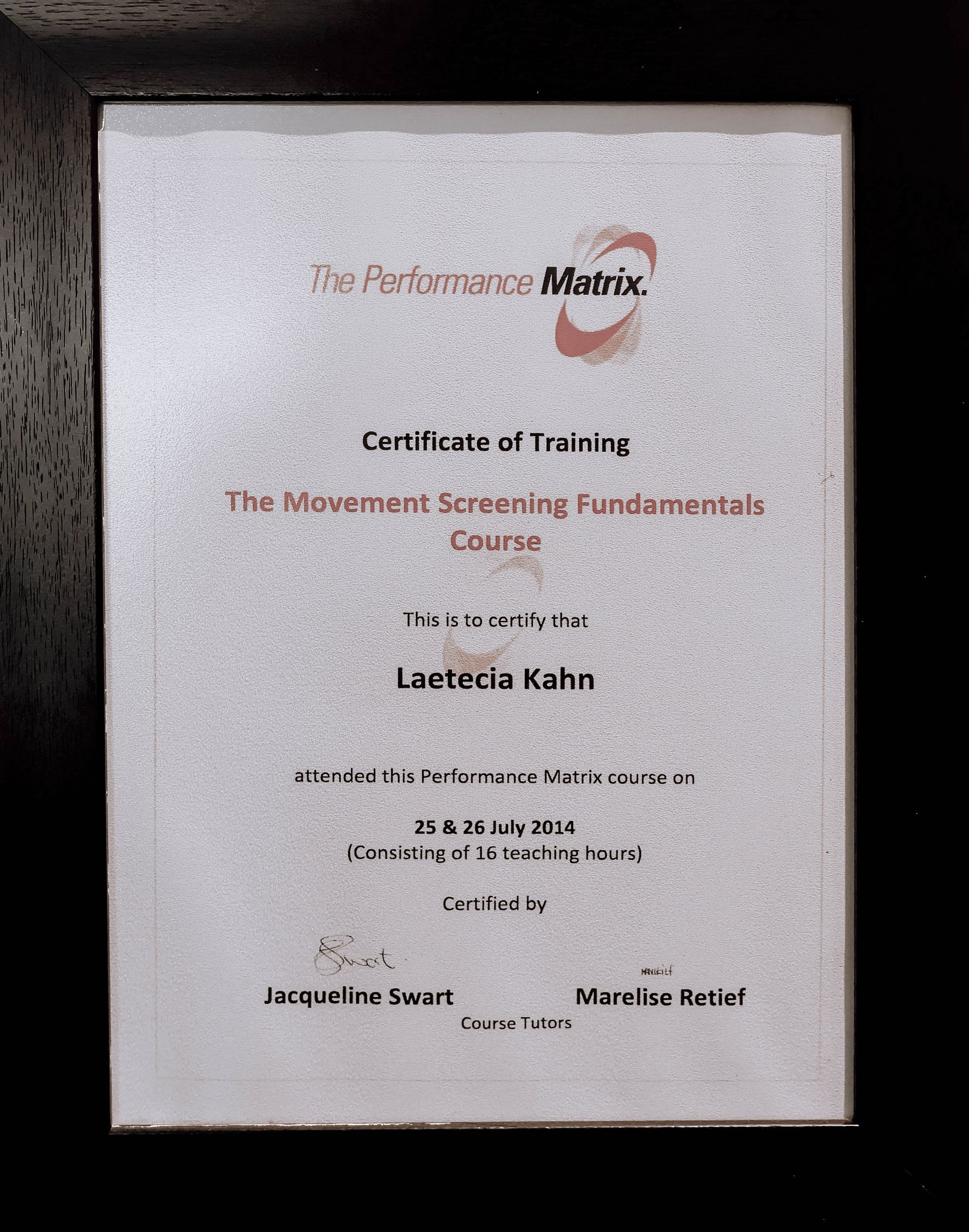 A certificate of training for the movement screening fundamentals course