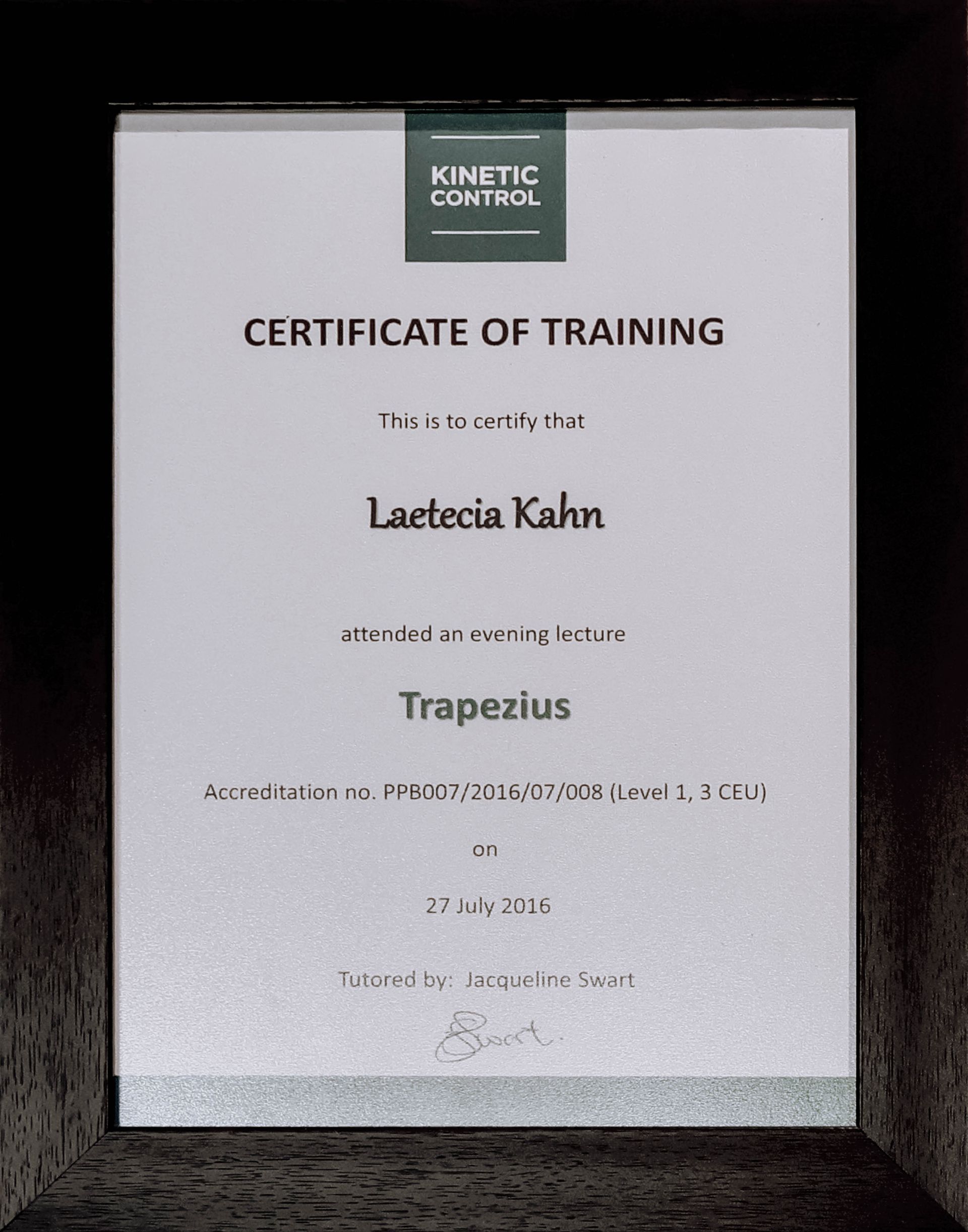 A certificate of training for kinetic control trapezius