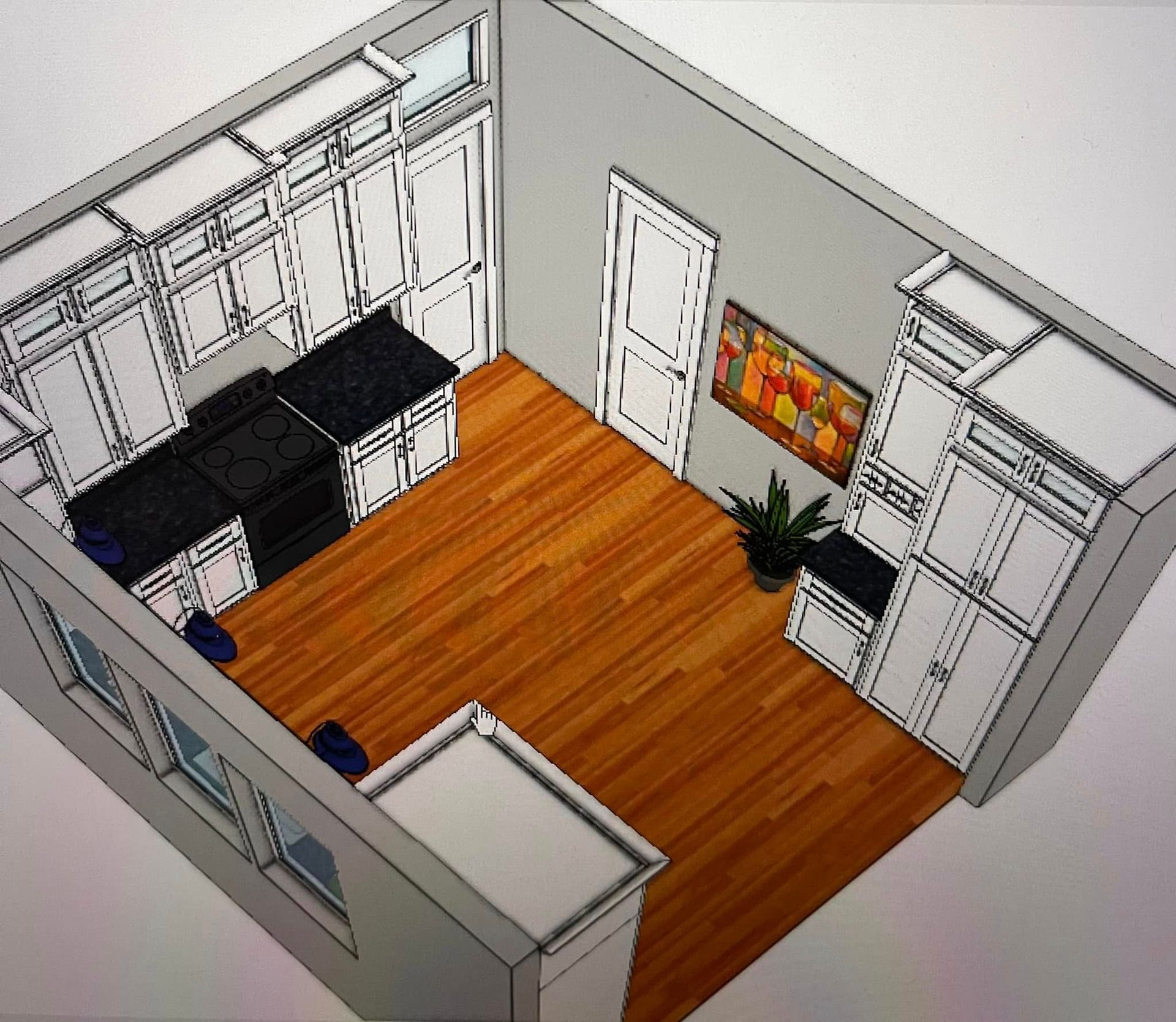Isometric view of a kitchen with white cabinets, wood floors, black appliances, and art on the wall.