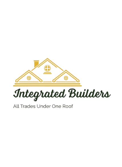 Logo for Integrated Builders with a gold house outline and dark green text, "All Trades Under One Roof."