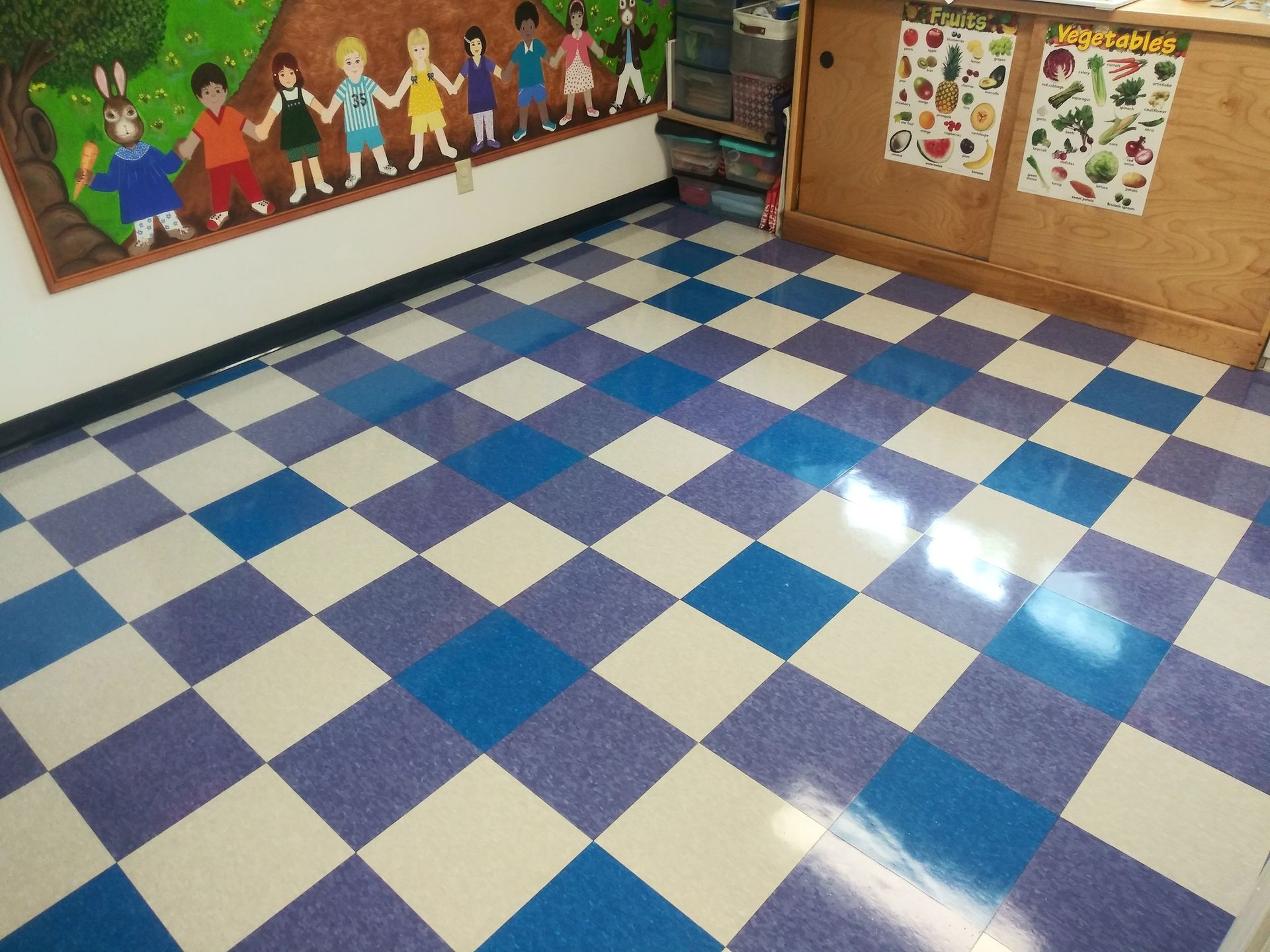 A blue and white checkered floor in a room