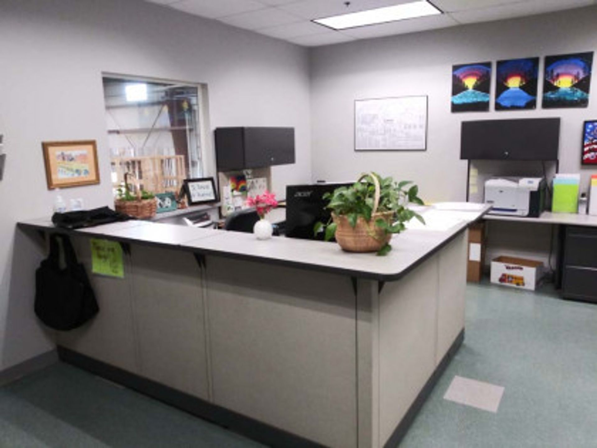 A reception desk in an office with a plant on it
