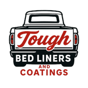 Logo of a truck's rear with "Tough" in red script above "Bed Liners and Coatings" in black.