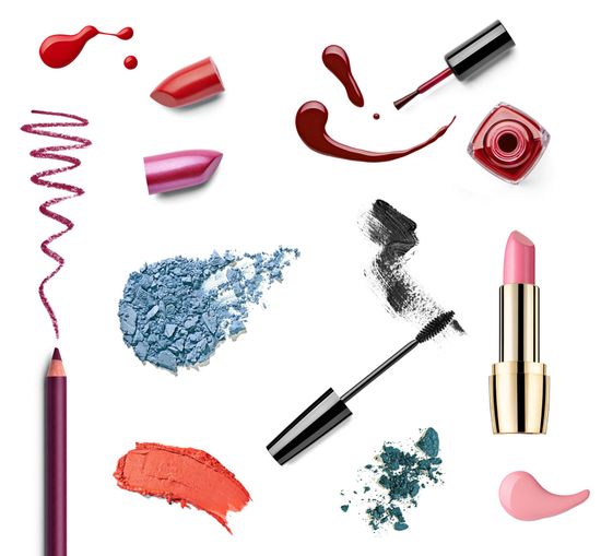 collection of various make up on white background