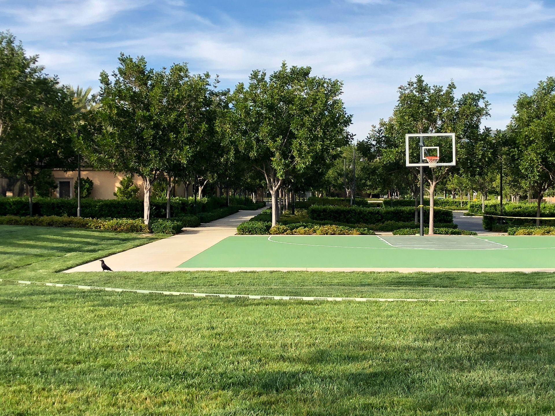 A basketball court in a park with trees in the background
