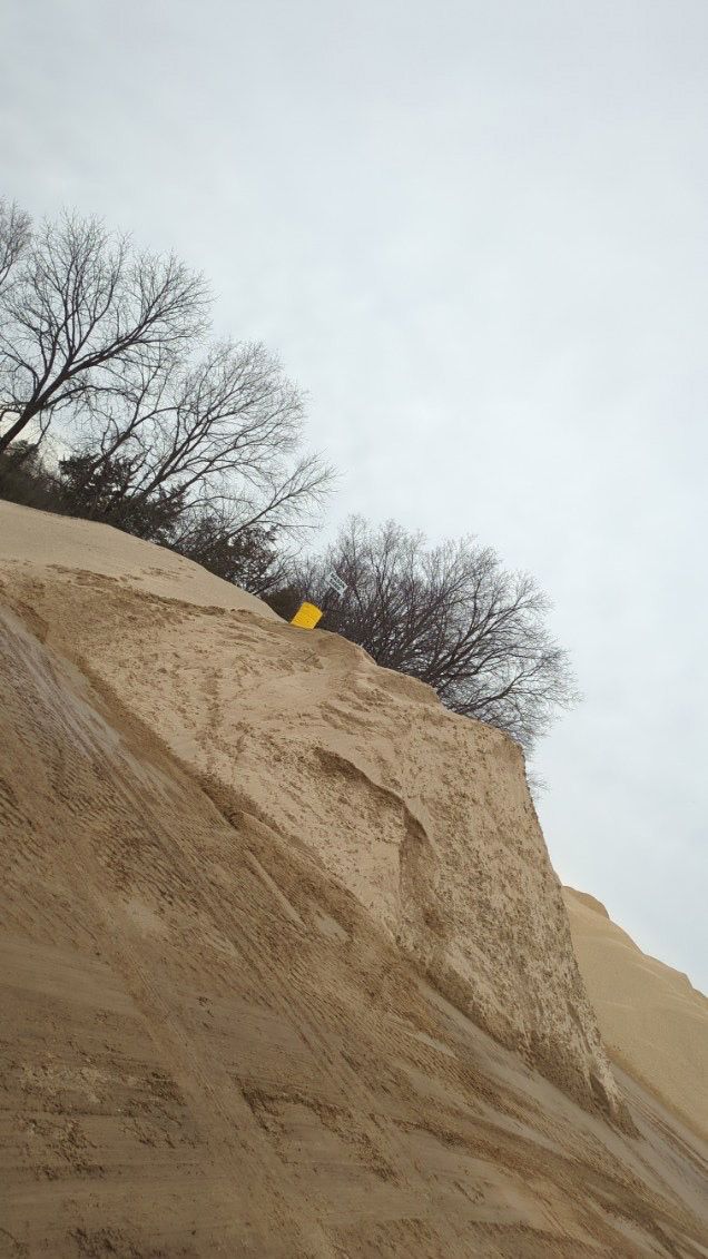 A person is riding down a sandy hill with trees in the background.