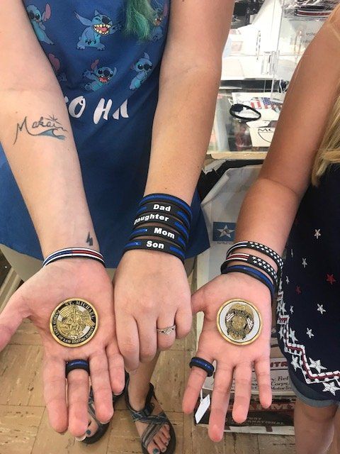 Thin Blue Line rings, Bracelets, and challenge coins
