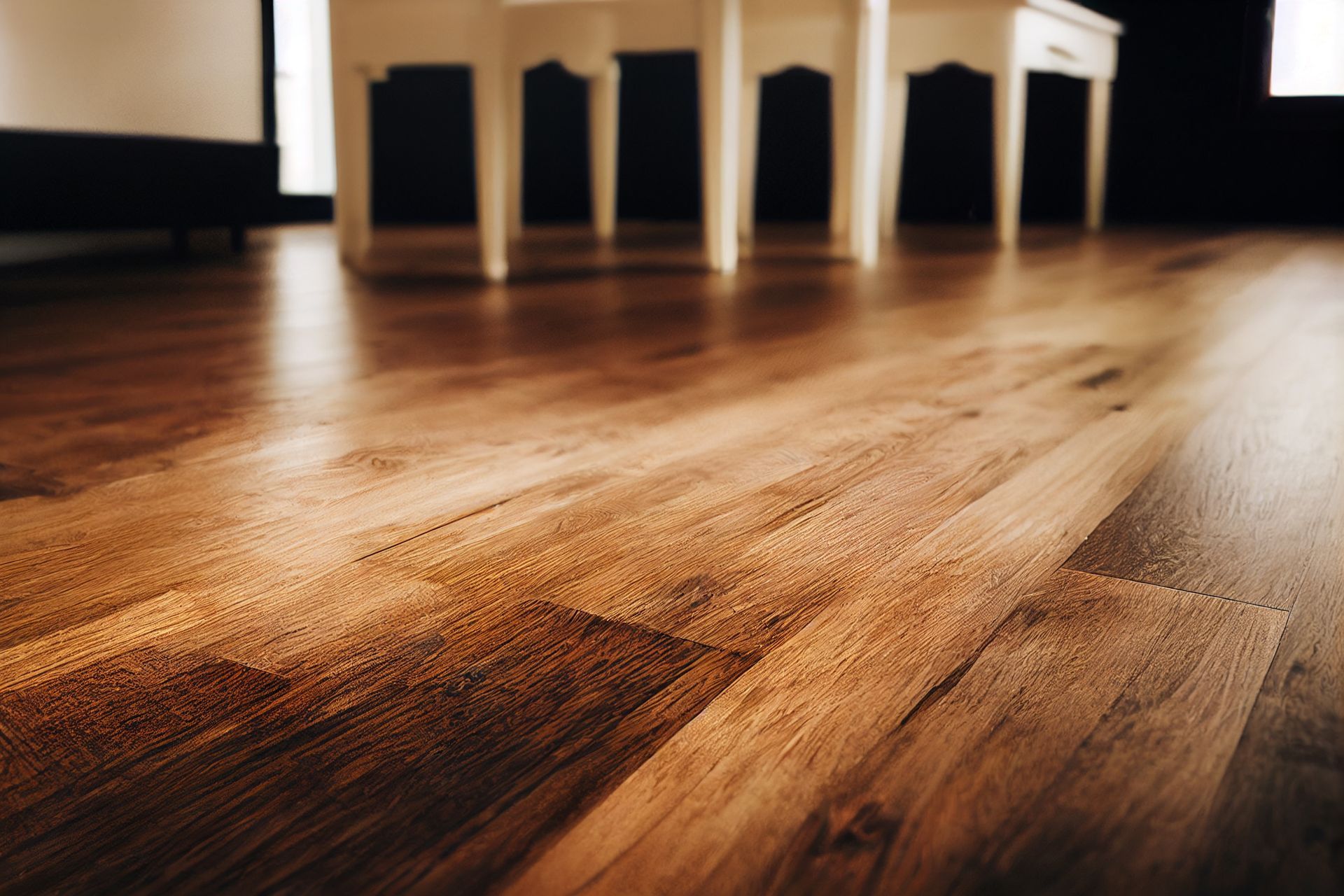 A wooden floor with a table and chairs in the background