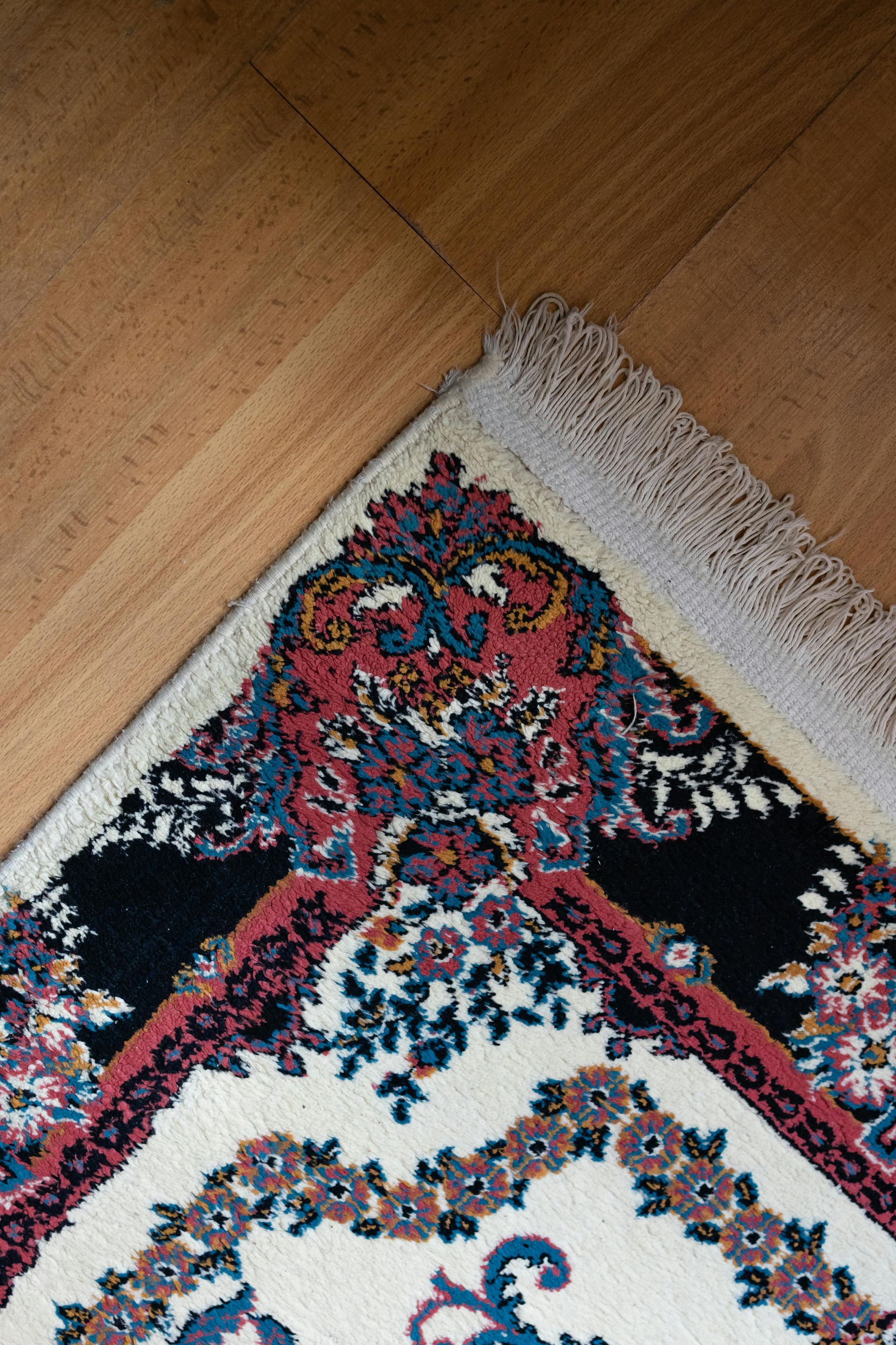 A hardwood floor is draped with carpet for the festive season