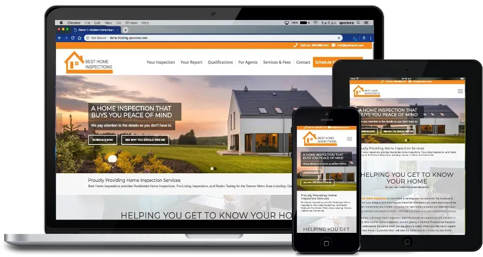 Website on laptop, phone, and tablet screens with house logo and home exterior photo.