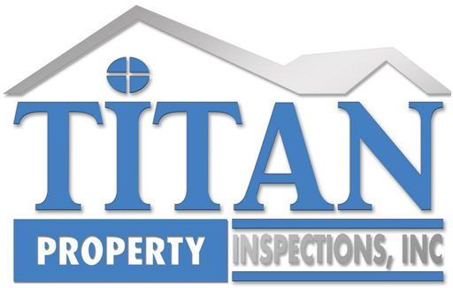 Logo for Titan Property Inspections, Inc. Blue text, house silhouette, and gray and white elements.